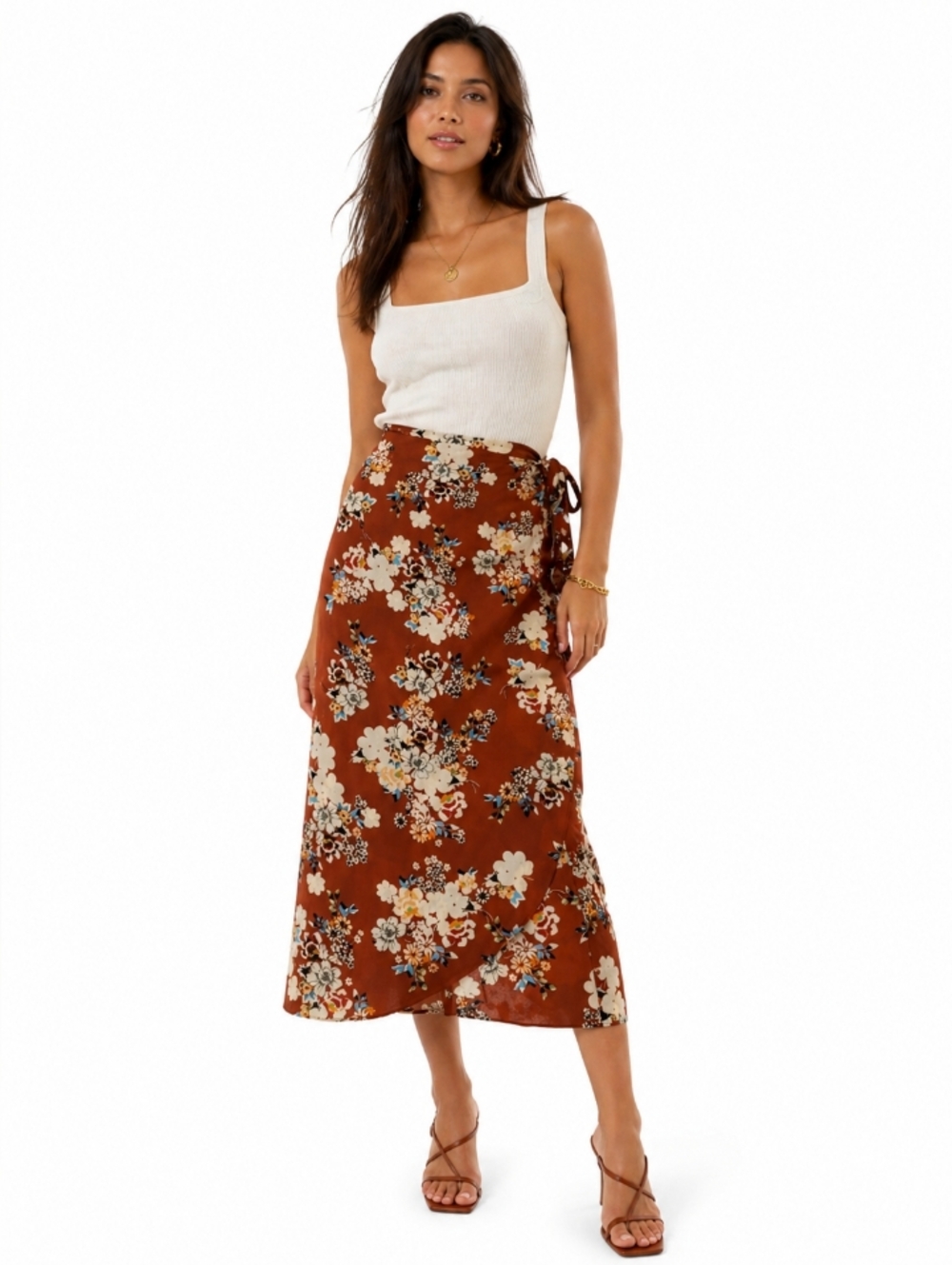 Zara Rust Floral Midi Wrap Skirt with Cream Flowers Medium